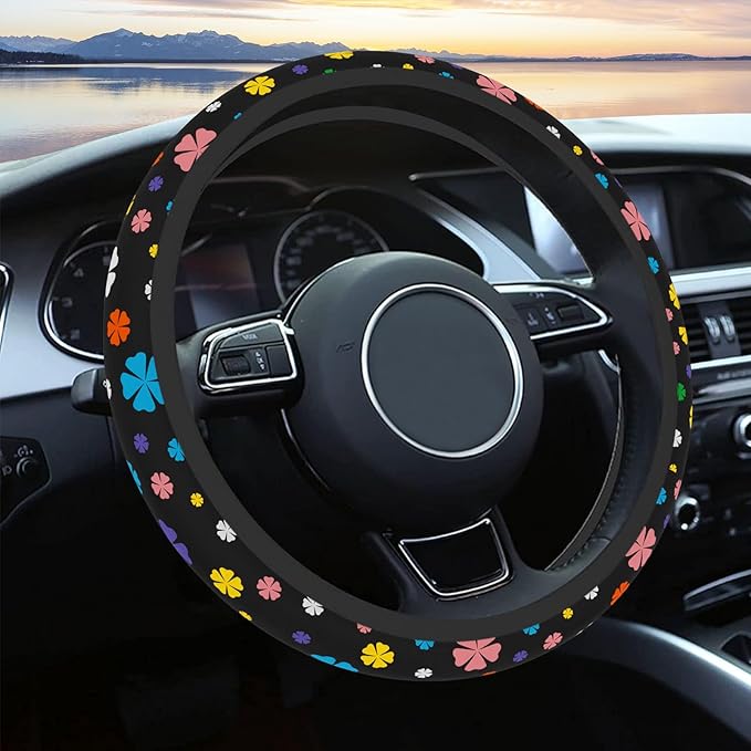 Steering Wheel Cover Neoprene Material Most Cars Men&Women Universal 15 inch Premium Non-Slip Spring Steering Wheel Protector Floral Car Accessories (Lucky Clever)