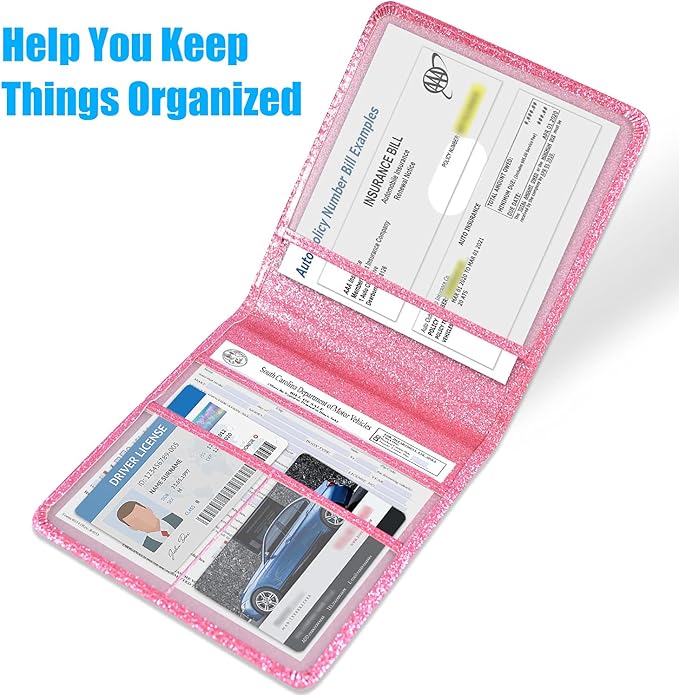 DMLuna Car Registration and Insurance Holder, Folio Leather Vehicle Card Document Glove Box Organizer, Auto Truck Compartment Accessories for Essential Information, Driver License Cards, Glitter Pink