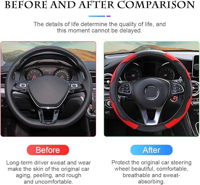 Car Steering Wheel Cover, Universal Microfiber PU Leather Elastic 15 inch Stitching Color Anti-Slip Steering Wheel Protector, Car Interior Protection Accessories for Men Women (Black/Red)