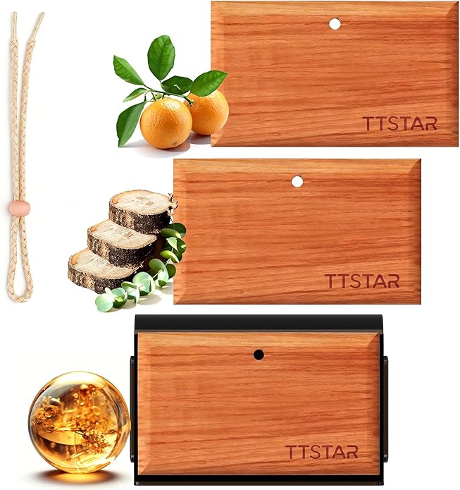 ttstar Car Air Freshener Long Lasting 3 Pack Wood Air Fresheners Refill for Men Women New Car Smell Scent Accessories Odor Eliminator Cleaner with Metal Clip for Vehicle Visor(Teak, Amber& Grove)