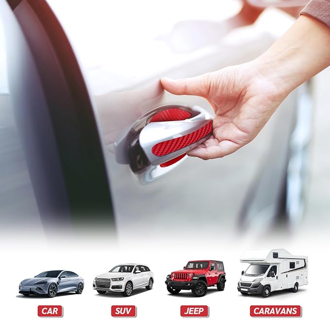 8PCS Carbon Fiber Car Door Handle Scratch Protectors, Universal Paint Guard Sticker for Door Handle Bowl, Fits Most Cars, Trucks, SUVs (Red)