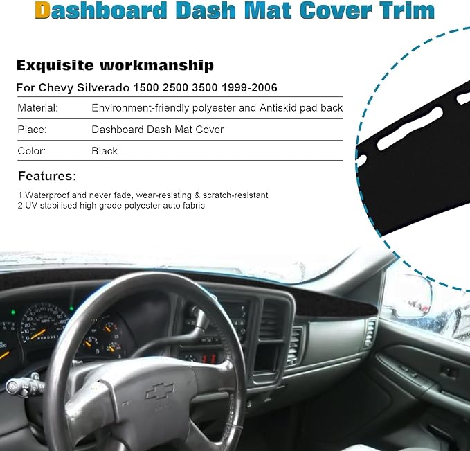 x xotic tech Dashboard Cover Mat Custom Fit Dash Board Non-Slip Carpet Pad Compatible with Chevrolet Silverado Avalanche Tahoe Suburban or GMC Sierra Yukon XL Pickup 1999-2006 (Black)