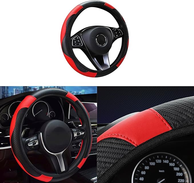 Car Steering Wheel Cover, 15 inch Carbon Fiber Microfiber PU Leather Elastic Steering Wheel Protector for Men Women,Universal Durable Car Decorative Fit for Most Cars, Trucks, SVU (Red)