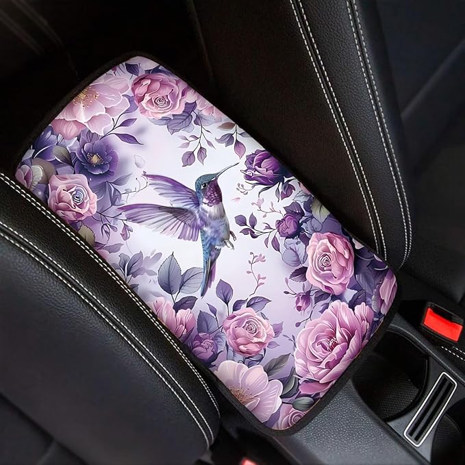 Suobstales Hummingbird Rose Flower Print Car Armrest Pad Soft Center Console Arm Rest Protector Cover Universal Car Interior Accessories Decoration