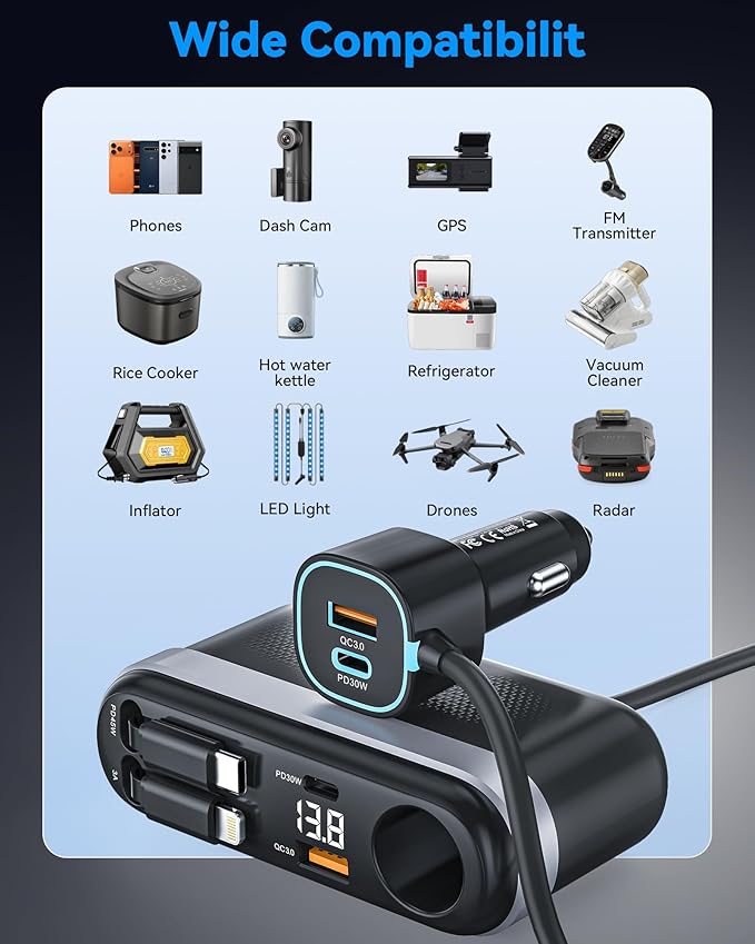7-in-1 295W Cigarette Lighter Splitter, Cigarette Lighter Adapter with Retractable 45W USB-C/30W Lightning Cables, Car Charger Adapter with LED Voltage Display,5FT Extension Cord for All Car Devices