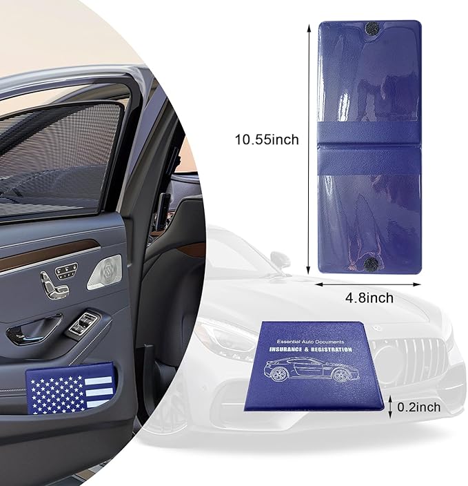 Ziciner Car Registration Insurance Holder, 2Pack Essential Auto PVC Card Document Glove Box Organizer with Velcro Closure, Universal Car Accessories for Men & Women (Blue/Back Flag)