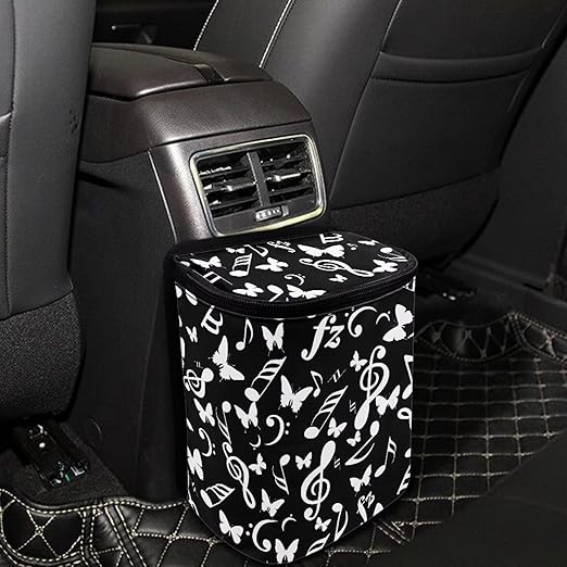 Music Notes Butterfly Car Trash Can with Lid Cars Trash Bag Bin Hanging Garbage Cans Leak Proof Vehicle Trash Can Multipurpose Storage Container for Back Seat Road