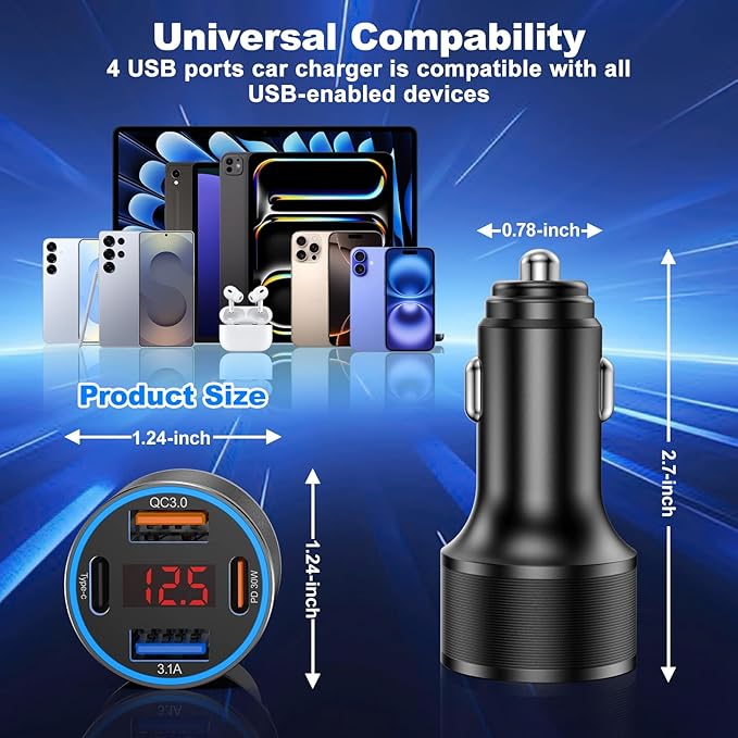 USB C Car Charger, 65W Fast Charging Cigarette Lighter 4-Ports PD 30W USB Car Phone Charger with Volt Meter, 2 x USB-C Cables for iPhone 16 15 14 13, Samsung Galaxy S25 S24 S23 S22, iPad & Tablets