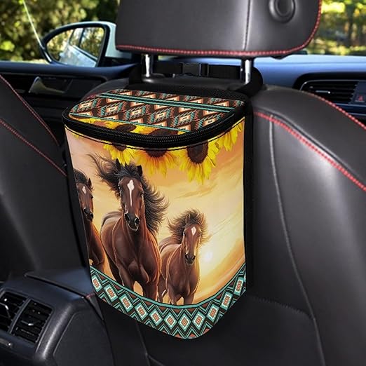 Brown Horse Car Trash Can with Lid,Hanging Leak Proof Garbage Bin for Back Seat,Universal Fit Most Vehicle Truck Interior Accessory