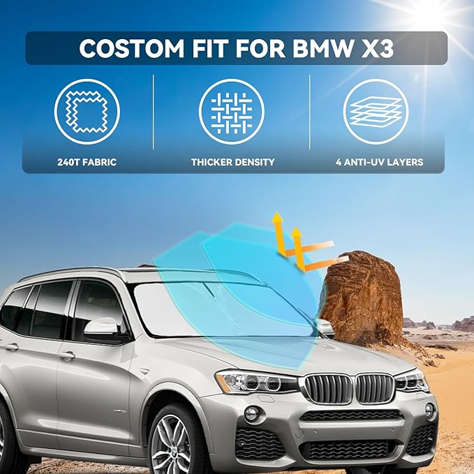 for BMW X3 2011-2017 Windshield Sun Shade - 4 Layers Car Sunshades for Front Windows Shade Cover Custom Fit X3 Sun Visor 240T Retractable Blocks Shade UV Rays Car Accessories