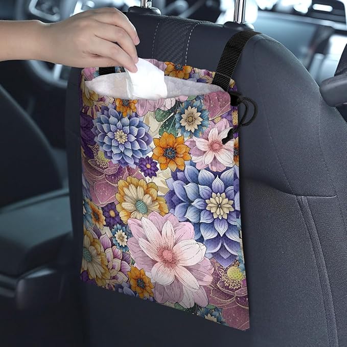 GEGEPINK Car Trash Bag Hanging Back of Seat Waterproof Small Cute Printed One-Handed Strap Drawstring Garbage Bags for Car-Purple Boho Floral
