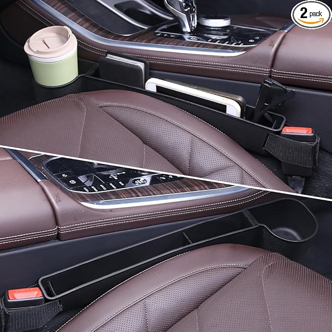 Car Seat Gap Filler, Multifunctional Seat Side Gap Filler with Cup Holder & Organizer, Gap Stopper Universal Fit Car SUV Truck Fill The Gap Between Seat & Console Set of 2 (Black)