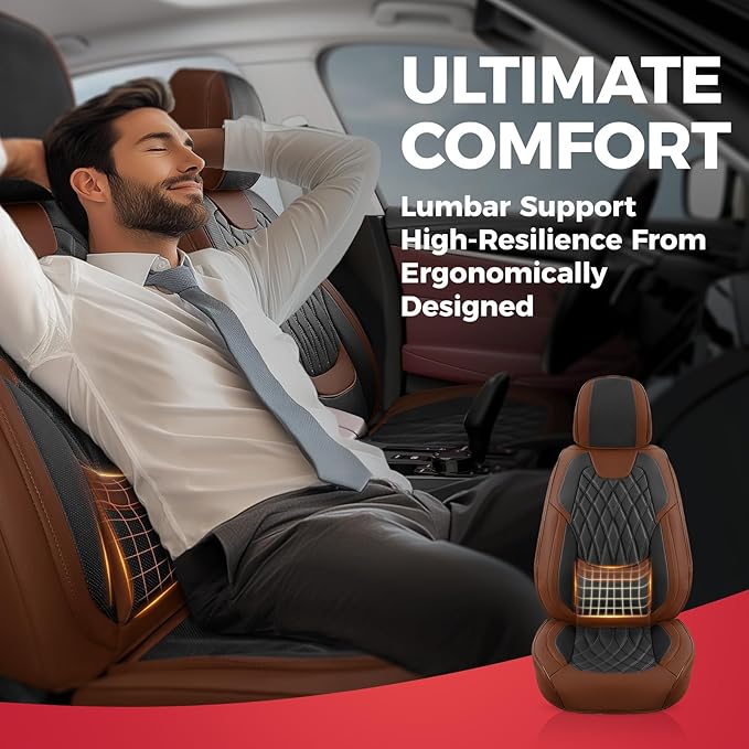 FREESOO Black Brown Car Seat Covers Full Set - Faux Nappa Leather Seat Covers for Cars, Breathable Waterproof Front Seats Protector with Lumbar Support, Universal Fit for Automotive Sedan SUVs Pickups