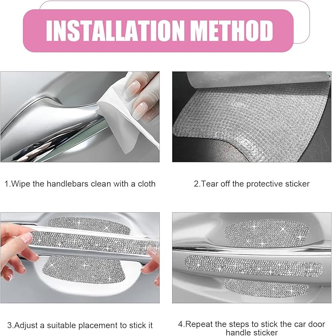 10PCS Bling Car Door Handle Protector, Crystal Rhinestone Car Door Handle Scratch Protector, Anti-Scratch Door Bowl Paint Guard Protective Film, for Auto, Van, Truck (Pink)