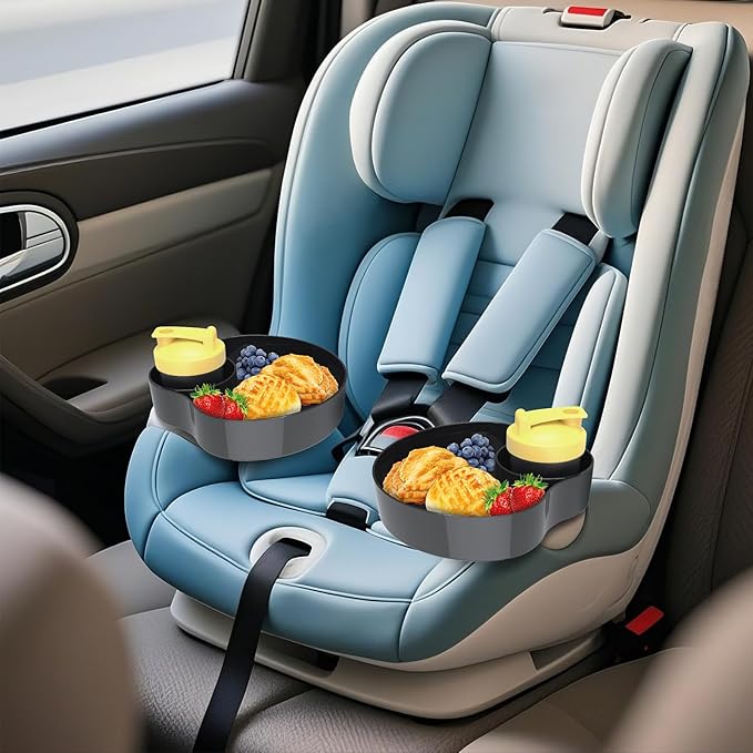 2PCS Car Seat Snack Tray for Kids: Kids Car Tray with Cup Holder, Toddlers Road Trip Essential, Travel Snacks Food Plate Cup Holder (2pcs Black)