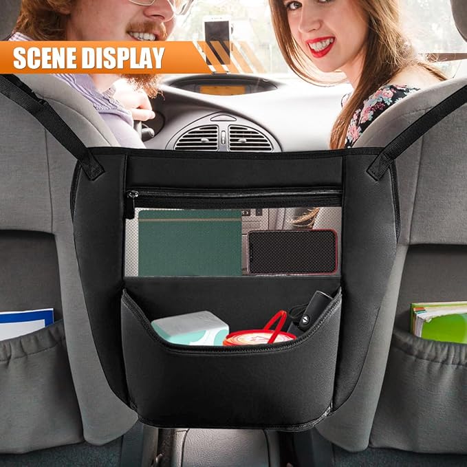 Car Organizer Between Front Seats - Large Capacity Leather Seat Back Storage Bag Car Purse Holder with Mesh Net Pocket, Universal Multi-functional Handbag Holder & Backseat Barrier for Kids Pets
