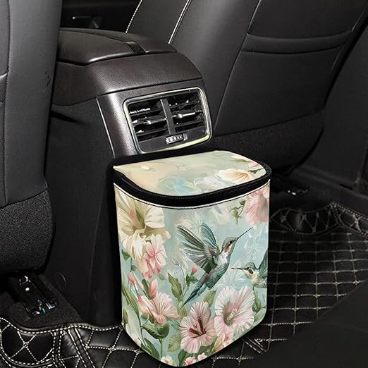 Flower Hummingbird Pattern Automotive Garbage Can Bin with Lid,Washable Car Trash Can for Travel，Cars，Universal Fit Hippie Car Accessory Interior Set