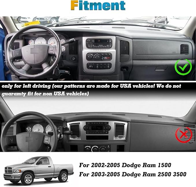 x xotic tech Dashboard Mat Cover Compatible with Dodge Ram 1500 2500 3500 2002-2005 Pre-Cut Non-Slip Sunshield Sun Glare Protector Dash Carpet Pad Black