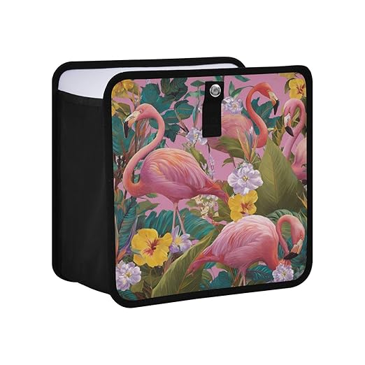 Car Trash Can Organizer Bin with Adjustable Strap for Back Front Seat Console Waterproof Leakproof Collapsible Portable 11 Inch Pink Romantic Tropical Flamingo and Plants