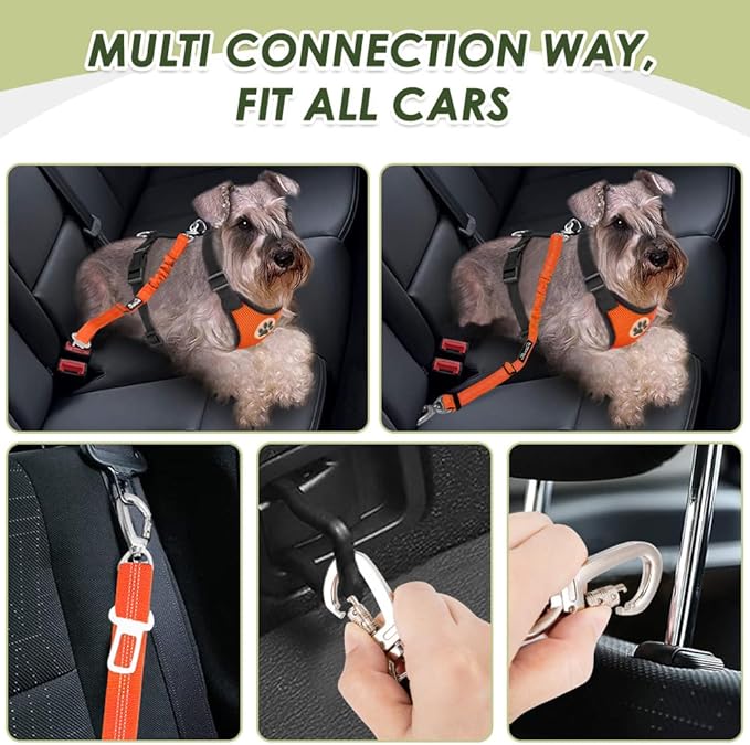 Lukovee Dog Seat Belt - Adjustable Dog Car Harness for Large, Medium, Small Dogs - Soft Padded & Breathable Mesh Dog Seatbelt with Vehicle Connector Strap (Orange Double Clip, Small)