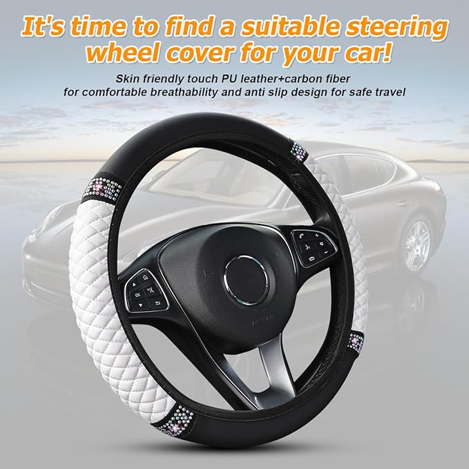 Bling Car Steering Wheel Cover, 15 Inch Crystal Rhinestone Elastic Stretch Leather Steering Wheel Protector, Vehicle Decor Accessories for Women Girls, Universal for RV, SUV, Truck (White)
