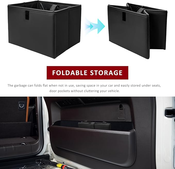 Car Trash Bin, Foldable Leather Auto Rubbish Can with Reinforced Bottom & Trash Bags, Waterproof Hanging Garbage Can Backseat Storage Box for Most Vehicles, Car Accessories (Black)