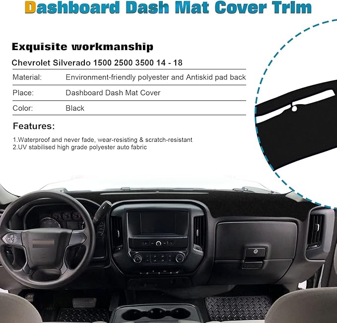 x xotic tech Dashboard Mat Cover for Chevrolet Silverado GMC Sierra 1500 2500 3500 2014-2018 Pre-Cut Non-Slip Sunshield Sun Glare Protector Dash Carpet Pad Black