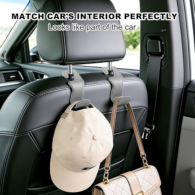 Car Seat Hooks for Purses and Bags, 2 Pack Car Purse Holder for Grocery Bag Handbag Clothes, Metal Headrest Hooks Covered by Leather, Gray