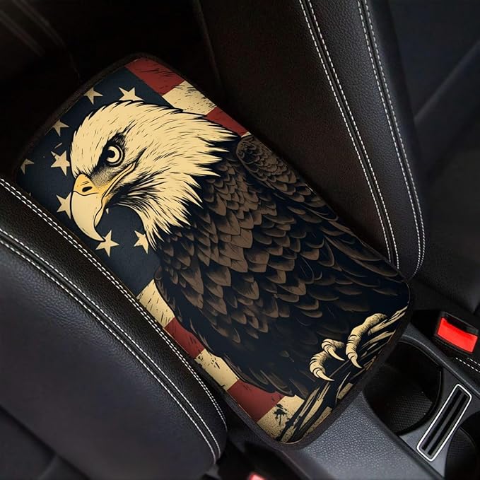 Car Center Console Pad, Universal Waterproof Car Armrest Seat Box Cover, Car Interior Accessories for Most Vehicle SUV Truck Vintage American Flag Eagle Car Armrest Pad