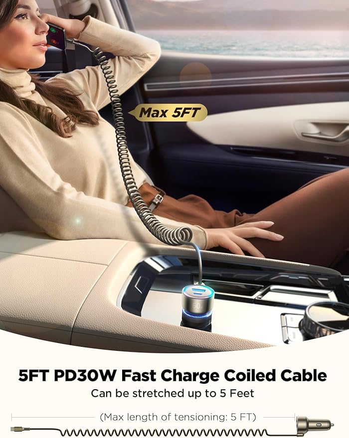 60W USB C Car Charger Fast Charge PD& QC3.0 with 5ft 30W Type C Coiled Cable, Car Phone Charger Adapter for iPhone 17/16/15 Pro Max Plus, Samsung Galaxy S25/S24/S23, Pixel/Moto/LG/Android, iPad Pro