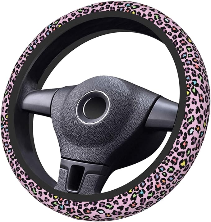 Pink Leopard Print Neoprene Steering Wheel Cover for Men Women Anti-Slip Elastic Steering Wheel Protective Cover 15in Universal Car Accessories Fit Cars, SUVs, Auto