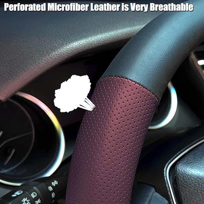 Mihecor Steering Wheel Cover Standard Size 14.5-15 inch, Non-Slip Car Wheel Cover Protector, Breathable Microfiber Leather, Black and Burgundy