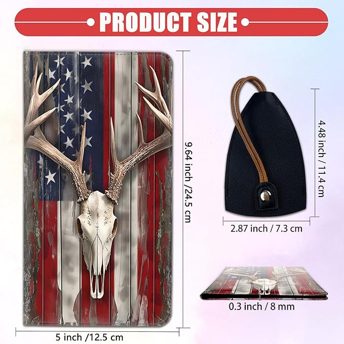 Car Registration and Insurance Card Holder for Women Men, Waterproof PU Leather Glove Box Car Organizer with Magnetic Shut, Vehicle Document Holder for Driver License,Cards, American Flag Deer Skull