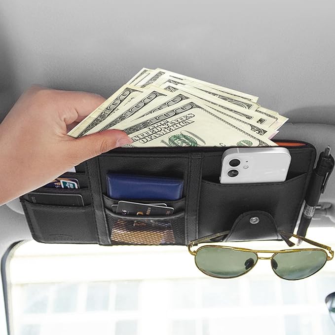 Aturmon 2 Packs Car Sun Visor Multi-Pocket Organizer for SUV & Truck, Auto Visor Storage Pouch with Big Zipper Pocket, Card Sleeve, Driving License, Insurance, Sunglasses, Pen, Key, Lipstick