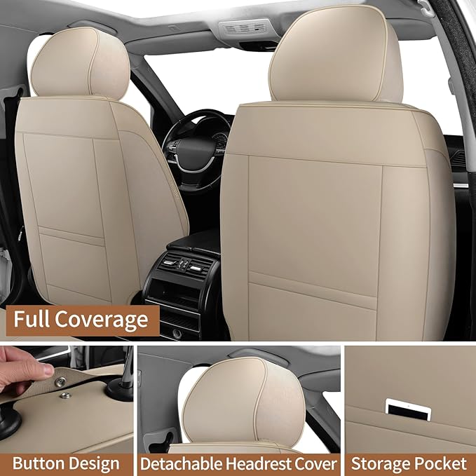 hoozoom Leather Car Seat Covers Full Set Breathable Automotive Seat Covers Waterproof Seat Protectors Universal Fit for Most Automotive Cars SUV Trucks(Beige, Full Set)