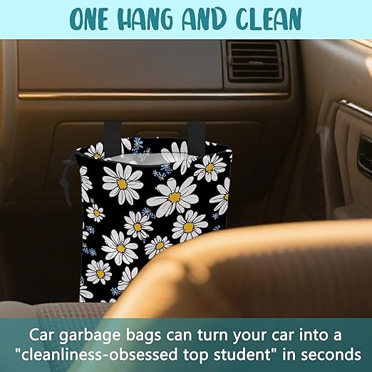 KXWQTRDD Car Trash Bag White Daisies Blue Flowers Leak-Proof Car Garbage Bag with Drawstring Foldable Canvas Trash Bin with Adjustable Buckle for Car Accessories, Travelling, Camping