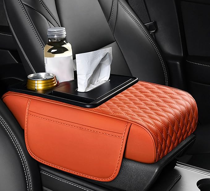 Car Armrest Center Console Cover for Genesis GV70 2021–2025, Center Console Pad with Cup Holder, Multifunctional Armrest Cushion,F Orange