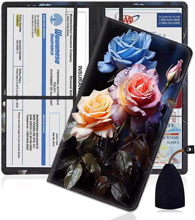 Yuxcfhjfe Car Registration and Insurance Holder, PU Leather Auto Document Holder for Men&Women, Vehicle Glove Box Compartment Organizer with Magnetic Shut for Driver's License, Peony Pattern