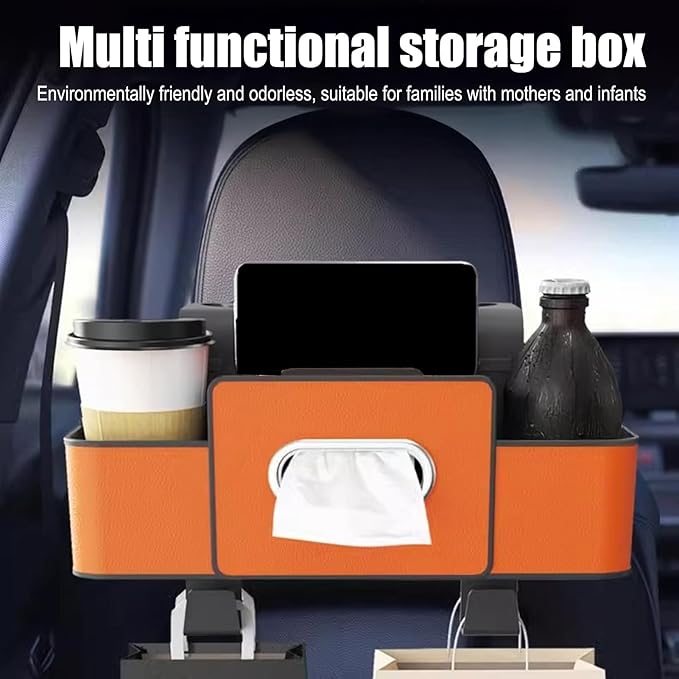 Car Back Seat Organizer with Hooks & Tissue Dispenser – Faux Leather Storage Box with Cup Holders, Multi-Compartment for Sunglasses & Chargers, Compatible with Most Seat Black 1pc