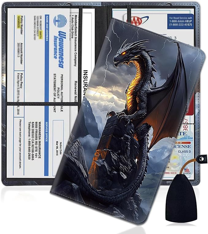 Car Document Holder with Magnetic Shut, Car Registration and Insurance Card Holder, Vehicle Glove Box Organizer Documents, Driver License, Auto Paperwork Organizer Wallet, Black Dragon In The Storm