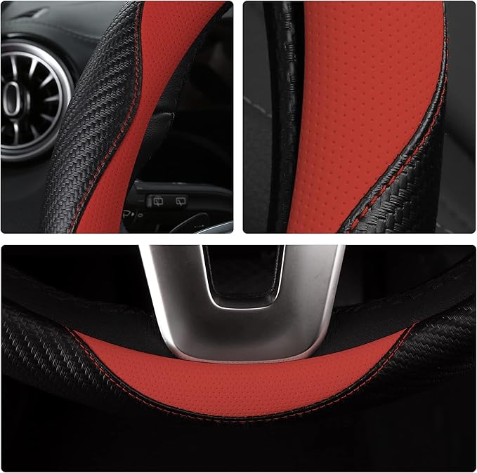 Car Steering Wheel Covers for Women Girl Padded Carbon Fiber PU Leather Cute Cartoon Auto Interior Accessories for Jeep, Truck, Universal, Anti Slip, Red, Large Size, 15.2-16in