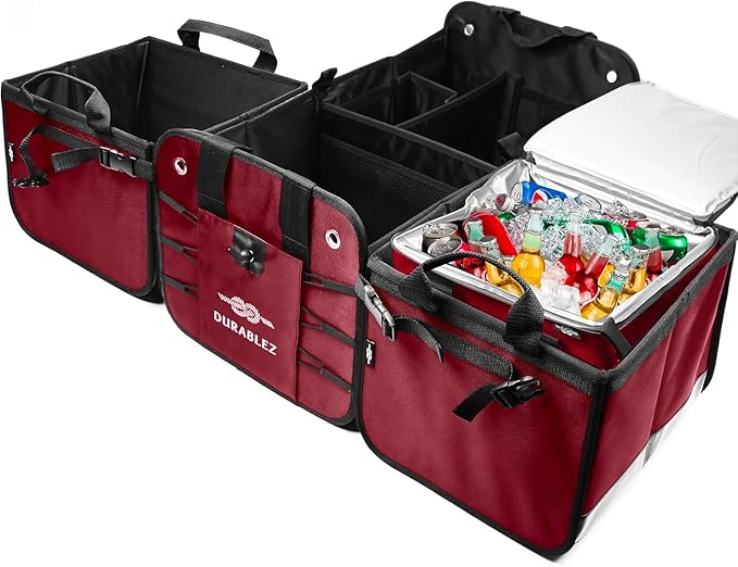 DURABLEZ 5-Section Trunk Organizer for SUV, Truck, Sedan, Van – Modular Extra Large Cargo Storage Bin, Detachable Car Trunk Organizer with Dividers, Collapsible Auto Organization System – Cherry Red