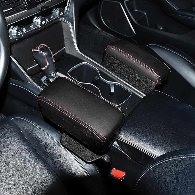 Automotive Armrests, Car Seat Gap Filler Organizer, Car Middle Center Console Arm Rest Cushion Extender with Cup Holder, Forearm Wrist Support Pad Adjustable Lift Elbow Tray (Black red line)