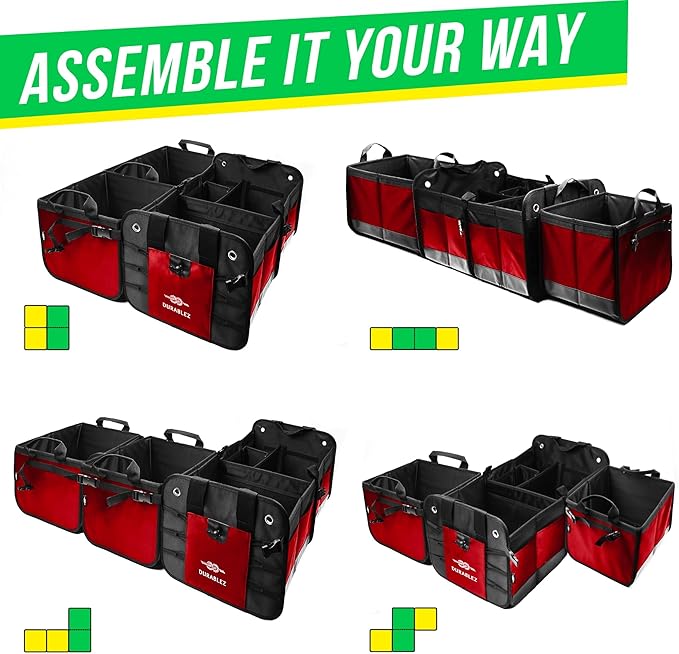 DURABLEZ XL Trunk Organizer 4-Section Modular System – Extra Large Car Cargo Storage, Foldable Multi-Compartment Bin for Groceries, Gear & Travel – High-Density Structure – Red
