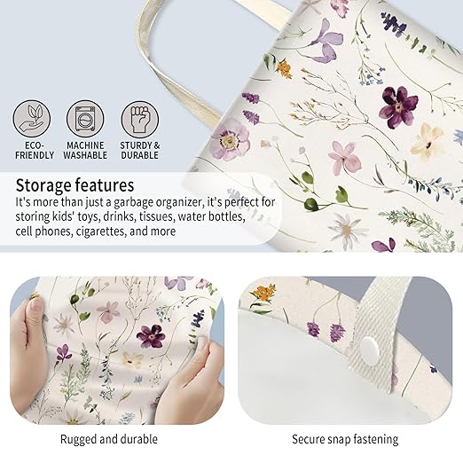 Car Trash Can, Hanging Garbage Bin for Men and Women, Cute Car Organizer and Storage Bag, Canvas Vehicle Trash Can Bag Easy-to-Install Cute Purple and White Floral