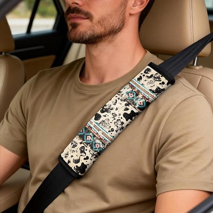 Qeluxign Car Seat Covers Cow Print Tribal Full Set Universal Fit Auto Front Seat Covers and Seatbelt Pads Armrest Cushion Gifts for Women Protect Your Car Interior