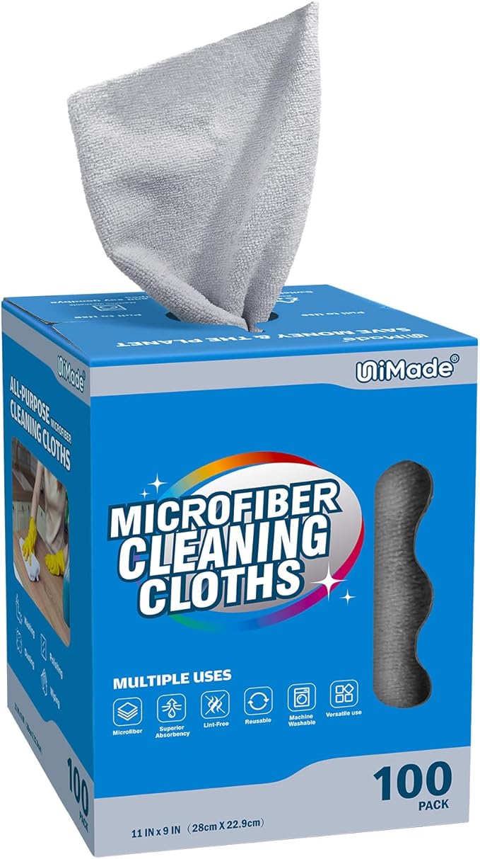 UNIMADE Microfiber Cleaning Cloth, 100 Sheets Microfiber Towels for Cars Commercial Grade Washcloths Lint-Free Bulk Shop Towel Cleaning Rags for Mechanic Restaurant Garage Housekeeping, 11"x 9", Grey