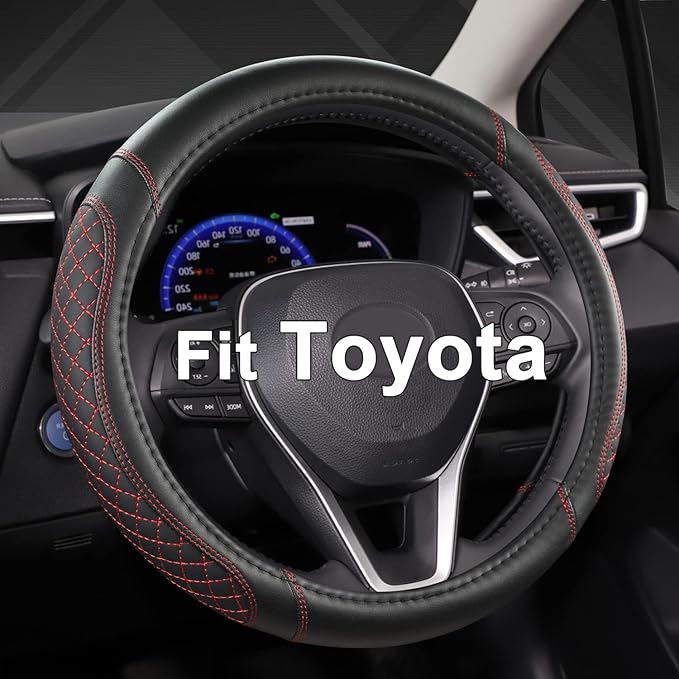 West Llama Customized Auto Car Steering Wheel Cover for Toyota Tacoma,4Runner,Tundra,Sequoia,15.5-16 inch(Diamond Quilted-Black+Red-Large Size)