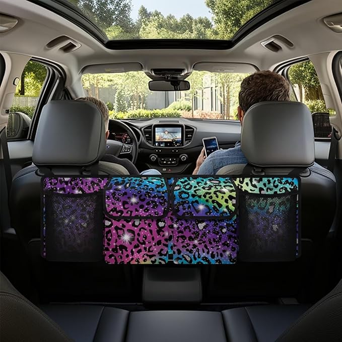 Car Trunk Organizer, Universal Car Organizers and Storage Backseat Car Organizer for SUV/Truck/MPV, Reusable Space-Saving Hanging Car Organization with 4 Pocekts, Colorful Leopard Print