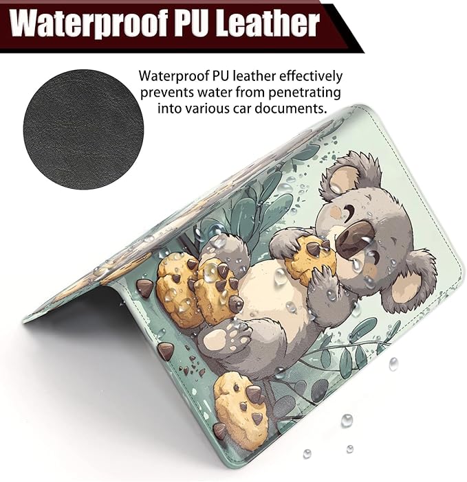 Car Registration Holder, PU Leather Vehicle Glove Box Organizer for Driver License, Document, Car Insurance Holder with Magnetic Shut, Auto Paperwork Wallet Accessories, Cute Koala Eating Biscuits